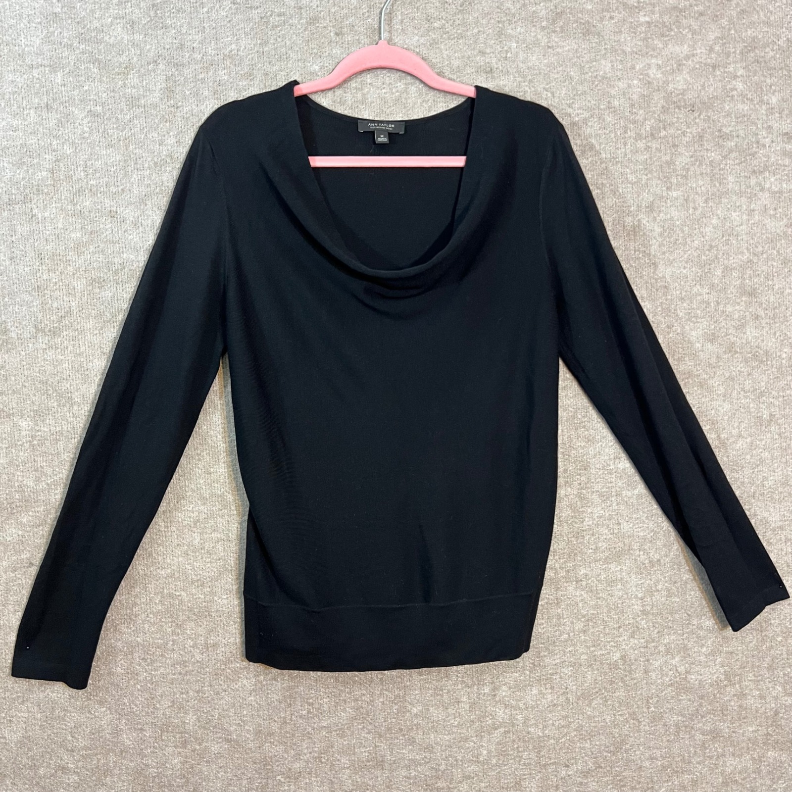 Ann Taylor Sweater Womens M Black Merino Wool Cowl Neck Long Sleeve Minimalist
